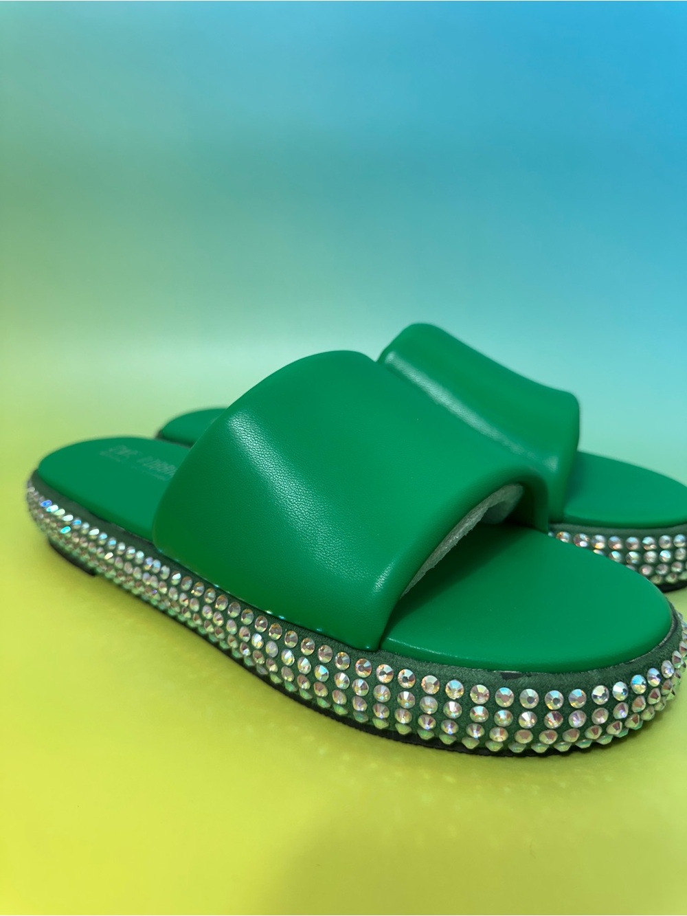 Green Crystal-Embellished Slide Sandals - Women